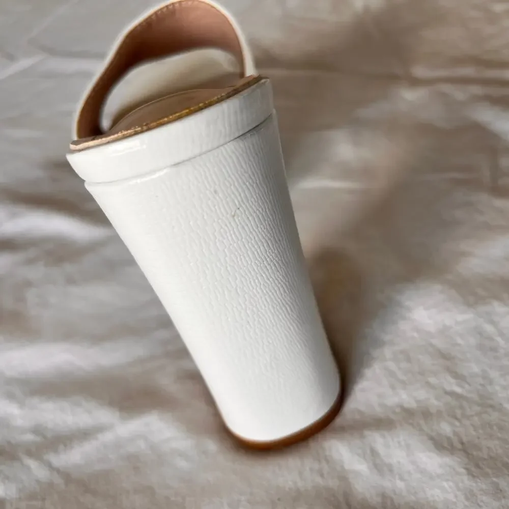 White Square Toe Block Heel Mules Slip On Open Toe Slide Sandals Size 39(US 8.5)